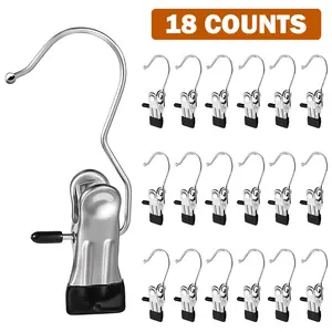 18 Counts Boot Hanger for Closet, Rotatable Clothes Hanger, Anti-Rust Metal Hanging Hook Clips, Laundry Hooks Clips, Underwear and Socks Drying Clips, 360° Rotating Clothespins Organizer, Space Saving Clothes Laundry Accessories
