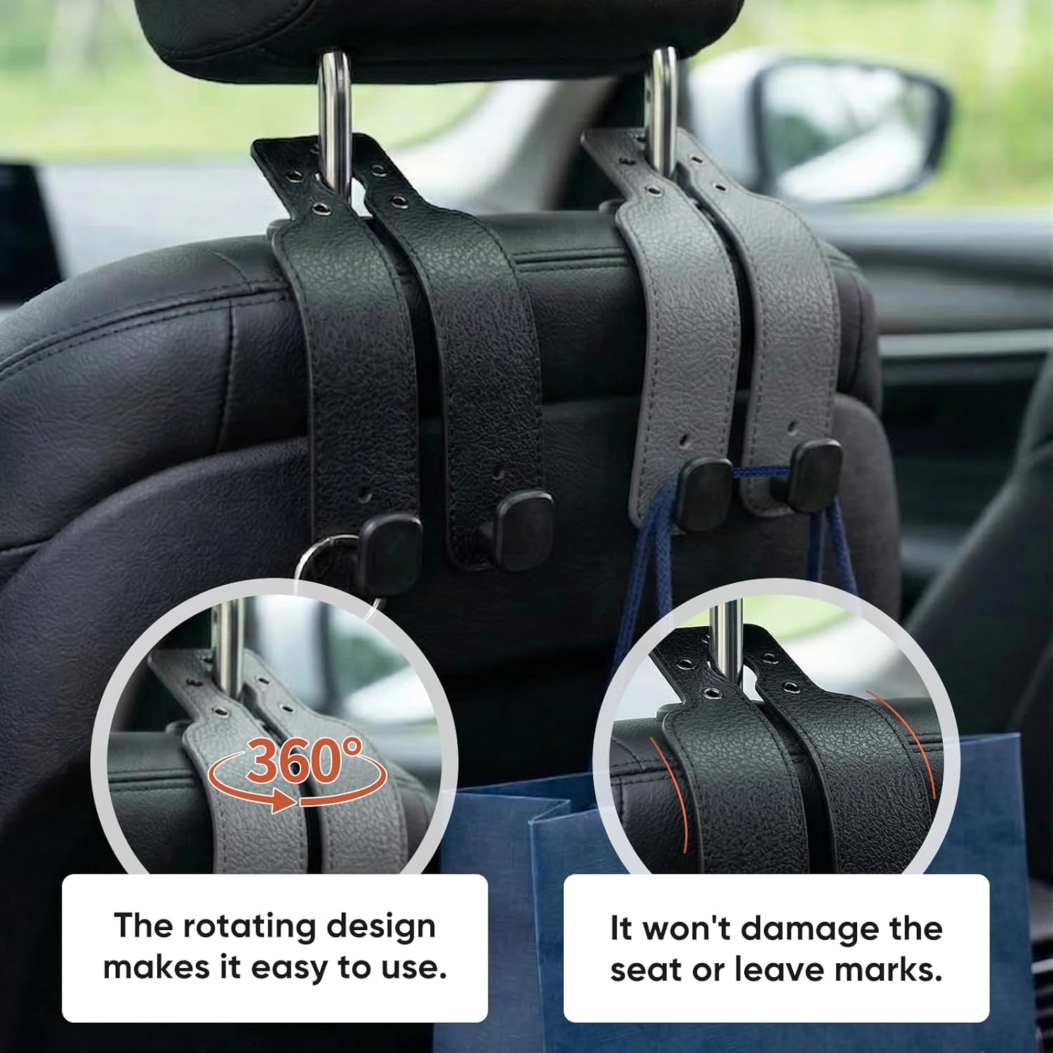 Car Seat Back Storage Hook, Car Purse Hook, Car Seat Hooks for Headrest, Car Hooks for Purses and Bags Cute (Black-2 Pack)