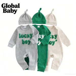 Global Baby St. Patrick's Day  Baby Boy Spring Outfits Shamrock Letter Embroidered Crew Neck Long Sleeve Romper and Cap 2 Pcs Set Outfit Letter Long Sleeve Romper and Knotted Hat Spring