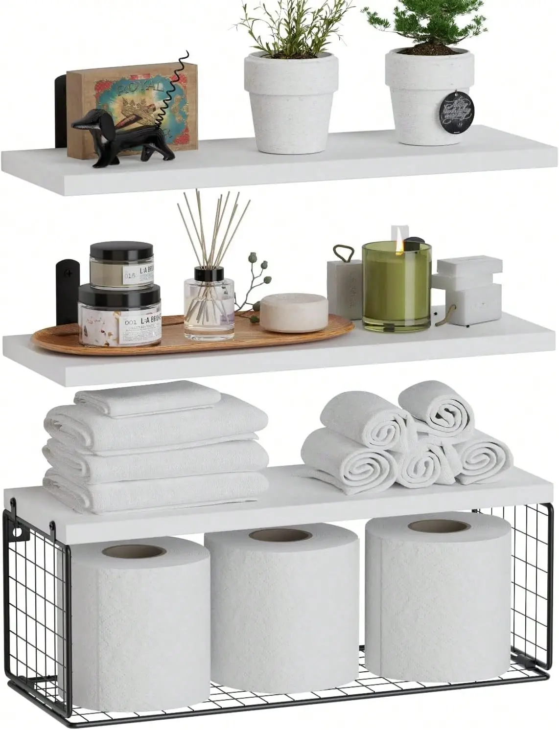 3-Piece White Wooden Floating Shelf with Storage Basket, Bathroom Accessories for Over Toilet Organization & Wall Decor, 16.5x6x5.5" Home Shelving for Kitchen Use