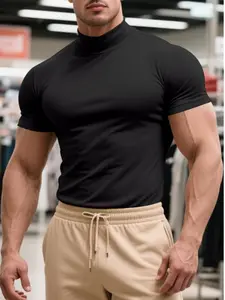 Men's Summer Outfits Solid Color Turtleneck Sports Tee for Daliy Wear, Gym Wear Regular Fit Sporty Short Sleeve T-Shirt for Gym Workout Running, Men's Sport & Outdoor Clothing for All Seasons