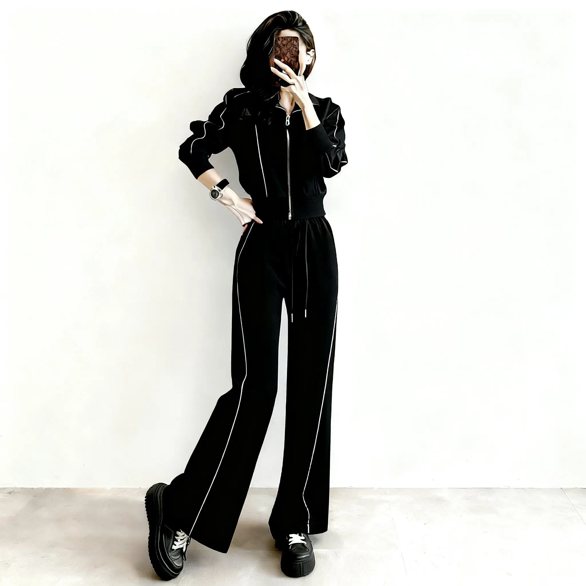 Women's 2-Piece Tracksuit Set – Zip-Up Jacket & Straight Leg Pants | Sporty Casual Outfit | Black