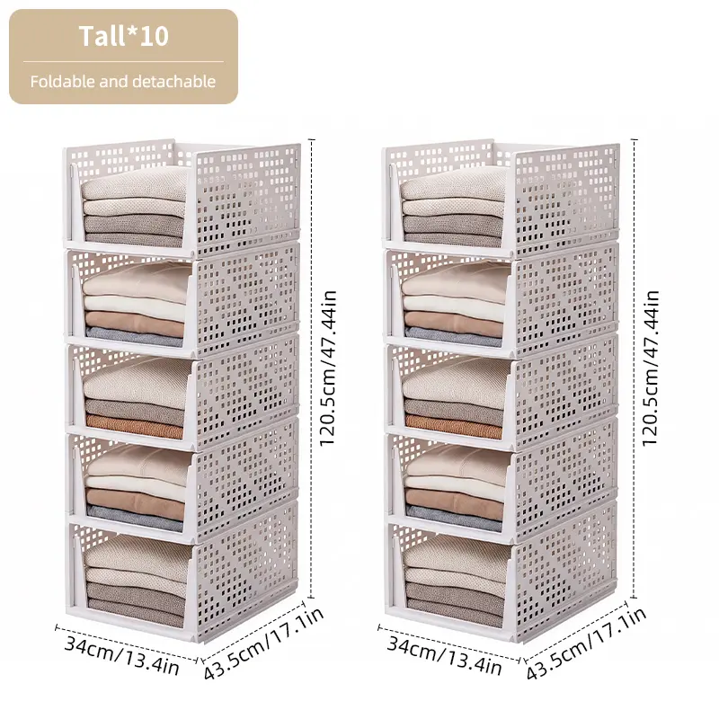 Stackable Plastic Storage Baskets  for Wardrobe Organization, Collapsible Design, Spacious Storage Space, Heavy-Duty Support Rod, Breathable Hollow Panels, Drawer Style Storage Containers for Home, Laundry Room