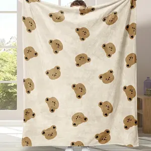 Cute Teddy Bear Lover Gift Soft Cozy Flannel Blanket Neutral Brown Bear Print Plush Throw Warm Fuzzy Bedroom Sofa Nursery Blanket Perfect Birthday Baby Shower Gift for Kids Toddlers Women Girls Home Decor