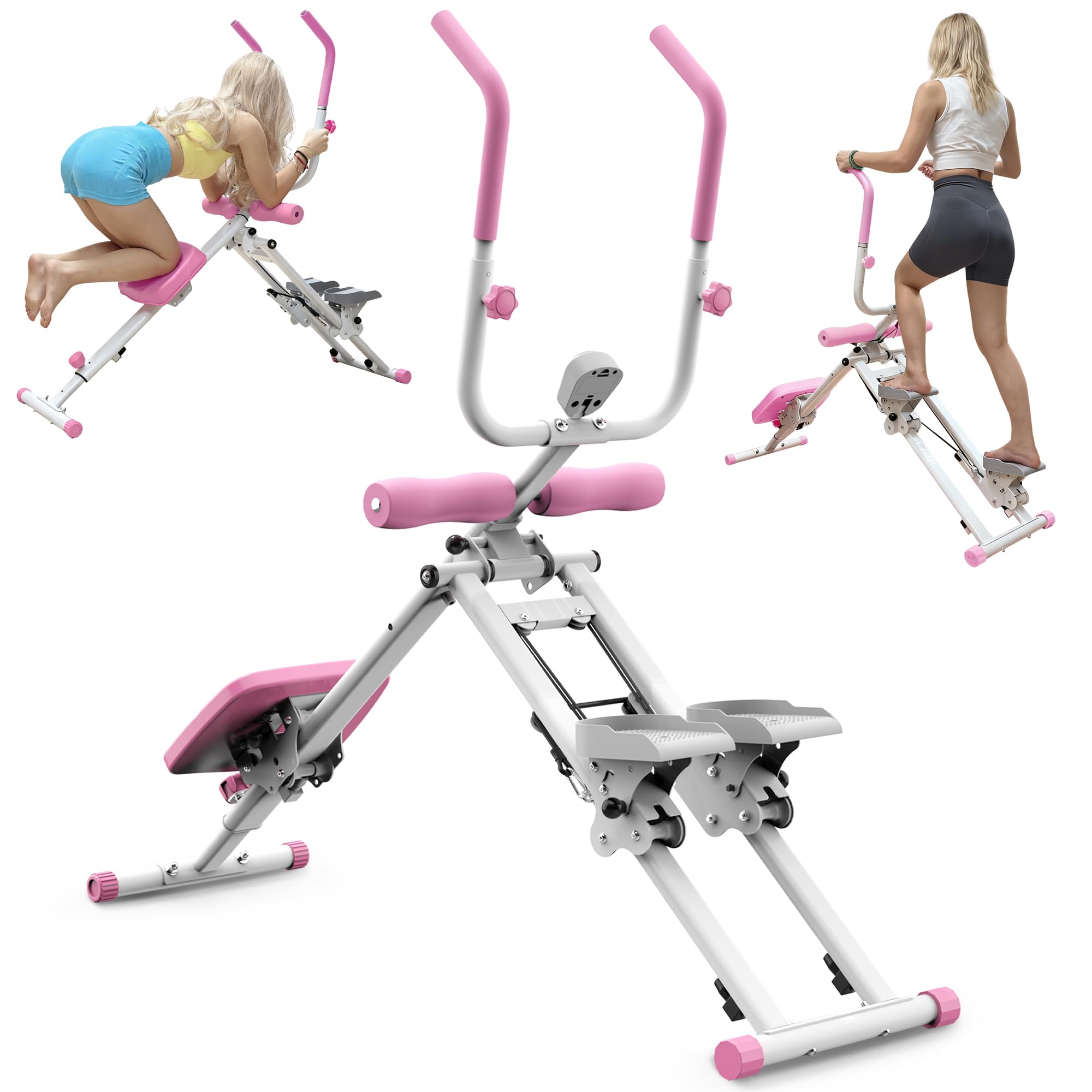 2-in-1 Under Desk Elliptical & Ab Glider Machine - Pink | Foldable Home Gym Equipment for Cardio Workouts | Low Impact Stepper with LCD Display