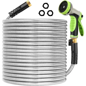 Metal Garden Hose 100 ft Stainless Steel Water Hose Heavy Duty Flexible Lightweight Durable Long No Kink Hoses Pipe with 10 Function Nozzle  3/4'' Solid Brass Fitting for Outdoor Yard
