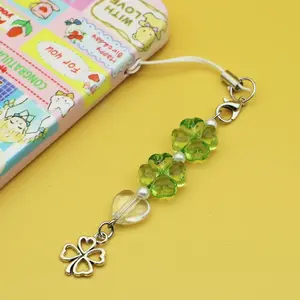 1pc Green Clover Transparent Acrylic Beaded Phone Charm Cute Lucky Four Leaf Wrist Strap Lanyard Heart Pendant for Girls Women Phone Accessories