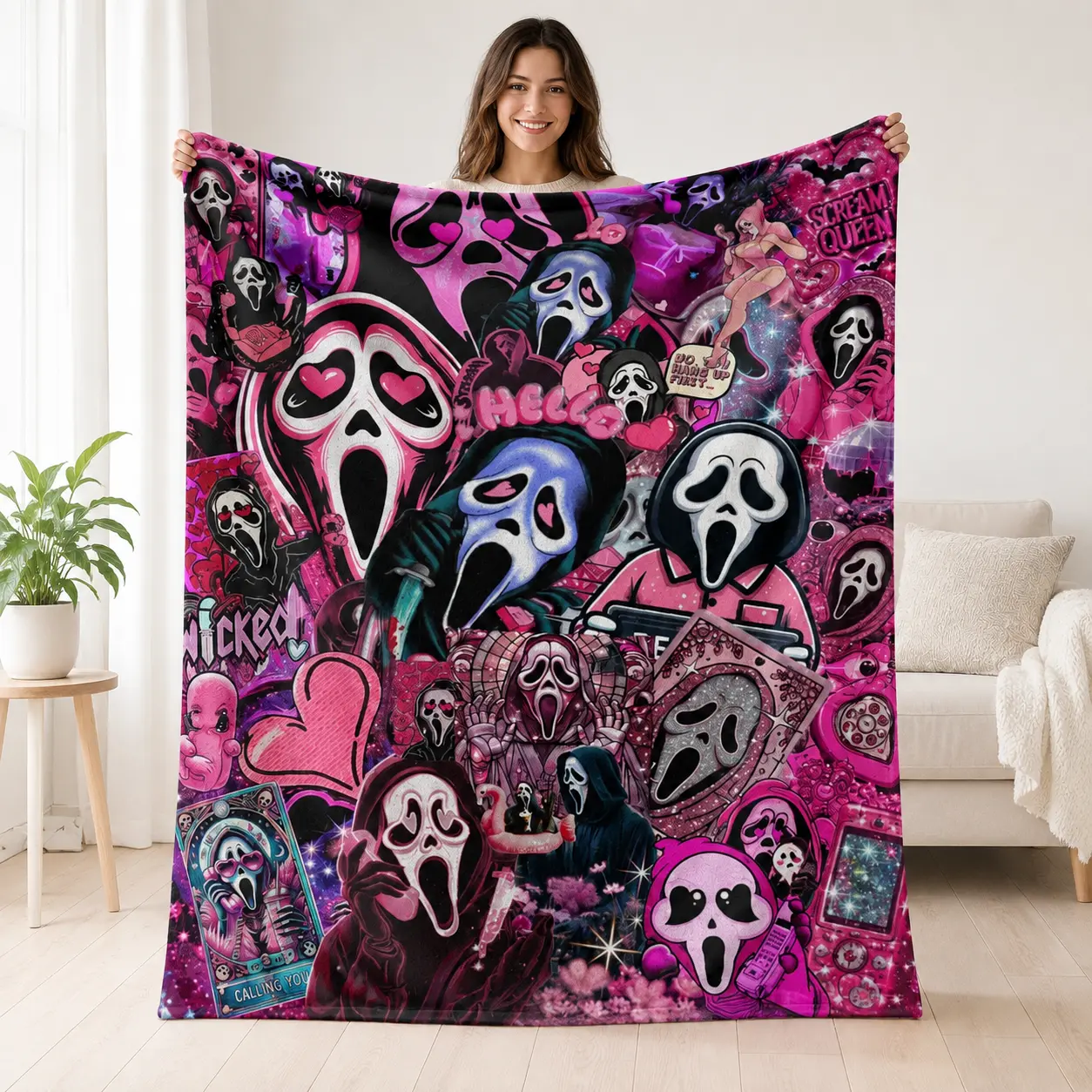 Horror Movie Villain Flannel Blanket Pink Aesthetic Ghost Face Pattern Ultra Soft Lightweight Warm Fleece Throw Blanket For Living Room Sofa Couch Bed Bedroom Nap Travel Anniversary Party Spooky Movie Night Lounge Throw