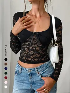 Women's Lace Crop Top, Casual Longsleeves Cropped Top for Spring & Fall, Women's Clothing for Daily Wear, Plunge Neck Top, Clothes for Women, Womenswear
