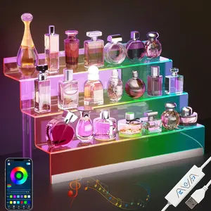 16"  Display Organizer with LED Light - 3 Tier Perfume Stand and Display Step Shelves Holder, Cologne Organizer for Men, Figures Stand, Porta Perfumes Para Tocador, Clear Riser, Dessert Shelf