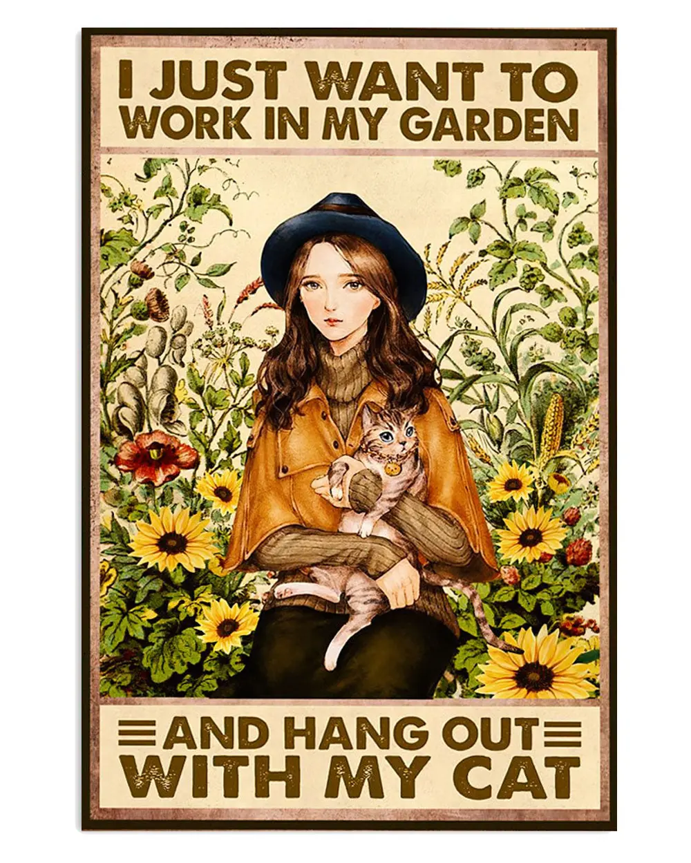 Gardening Girl And Cat In Garden Gift For Gardener Plants Poster