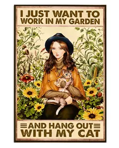 Gardening Girl And Cat In Garden Gift For Gardener Plants Poster