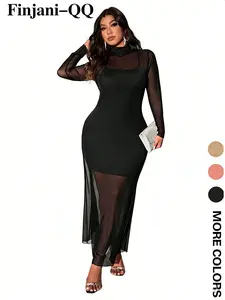 Elegant Chic Plus Size Women's Dress, Long Sleeve Mesh Fabric with Thin Straps, Bodycon Fit Party Dress, Casual Spring & Fall Fashion