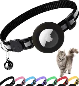 Airtag Cat Collar Breakaway, Reflective Kitten Collar with Apple Air Tag Holder and Bell for Girl Boy Cats, 0.4 Inches in Width and Lightweight(Black)