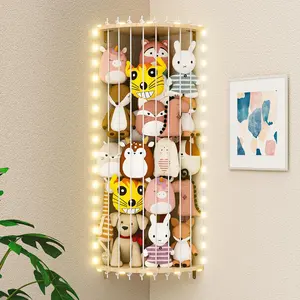 Wood Stuffed Animal Storage Corner Cage, Large Stuffed Animal Holder with Led Light & Adjustable Length, Nursery Wall Hanging Plush Toy Stuffed Animal Zoo Organizer for Kids Room Bedroom Decorative Racks