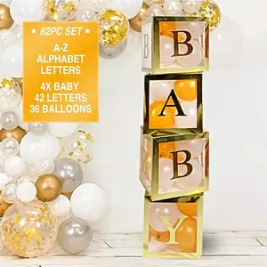 82 PCS Gold Neutral Baby Shower Decorations for Boy or Girl - Jumbo Transparent Baby Block Balloon Boxes, BABY, Gender Reveal Party Supplies Birthday Magical