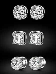 3 Pairs Stainless Steel Round Square Zircon Magnetic Ear Cuffs, Fashion Unisex Non-Piercing Tragus Studs, Jewelry Set for Men and Women, Solitaire Earrings, Ear Stack Earrings Set, Fashionable Jewelry Accessories