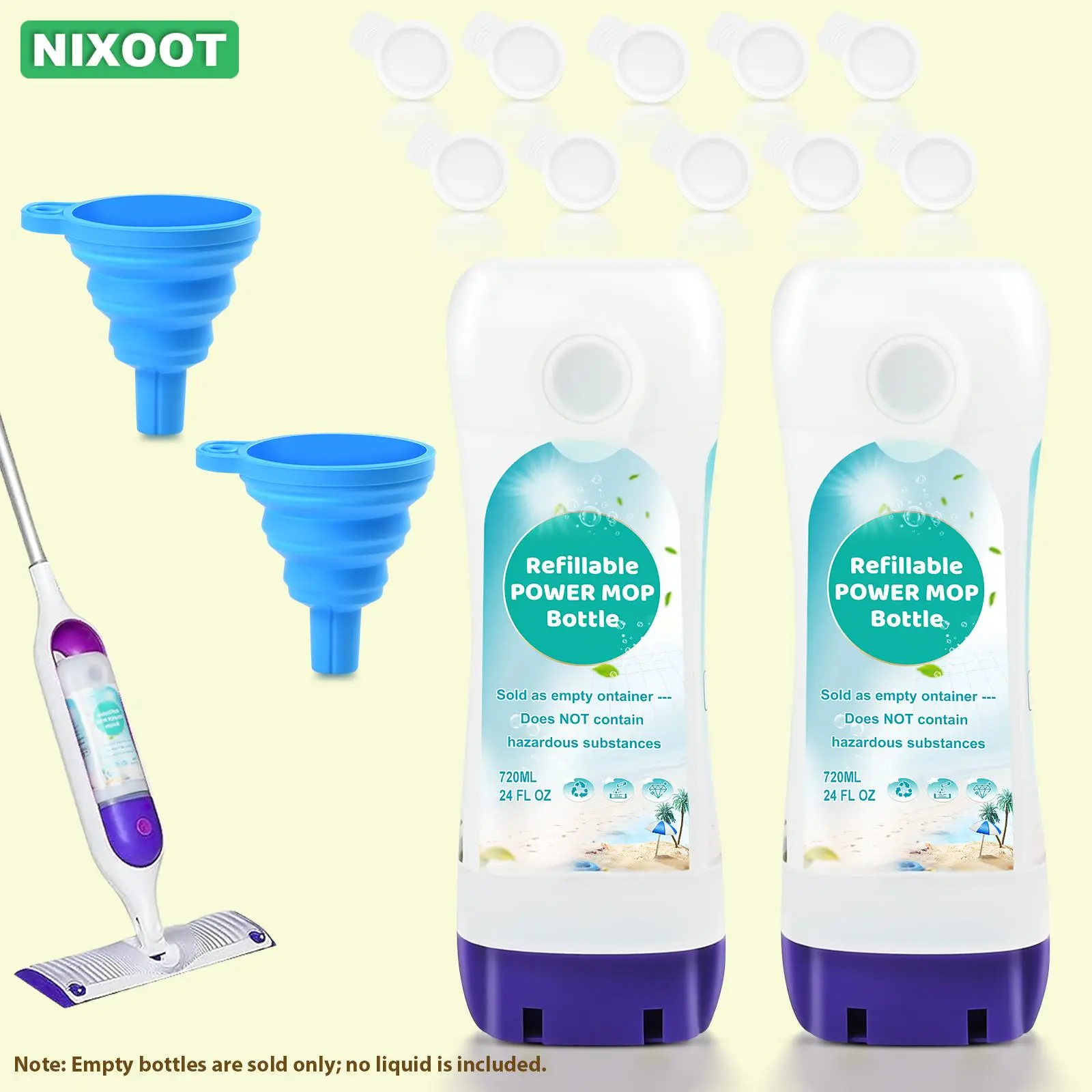 Reusable Leak-Proof Lock Cleaning Solution Container for Swiffer Power Mop Refill, 720mL/24oz Kit with Replacement Bottle, Funnel, Silicone Seal, Fill with Your Own Floor (Liquid Not Included)