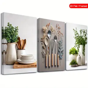 3-Piece Framed Cozy Kitchen Wall Art, Minimalist Dining Room Canvas Wall Painting, Plant-Themed Art Print, Nature-Inspired Wall Decoration For Home Decor, Modern Poster, Suitable For Living Room, Bedroom, Bathroom, Kitchen, With Frame [2D Flat], 2D Flat,