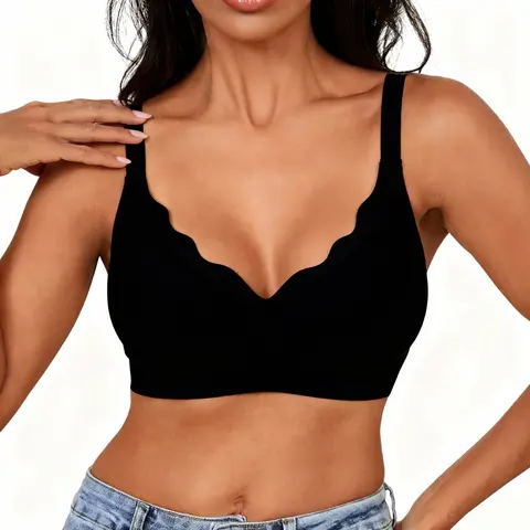 Women's Black V-Neck Jelly Wireless Bra - 1-Piece, Wire-Free, Elegant, Smooth, Seamless T-Shirt Bra, Comfortable, Adjustable Straps, Breathable, Slight Push-Up, Basic Everyday Wear