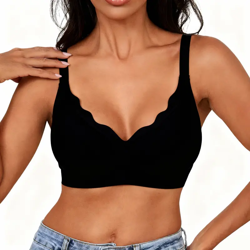 Women's Black V-Neck Jelly Wireless Bra - 1-Piece, Wire-Free, Elegant, Smooth, Seamless T-Shirt Bra, Comfortable, Adjustable Straps, Breathable, Slight Push-Up, Basic Everyday Wear