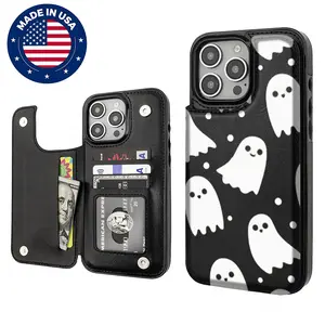 Halloween cute ghost Aesthetic Design Pattern Casing For iphone 16 15 14 13 12 Plus Pro Max Flaunt Mobile Phone Case TPU Pu Leather Card Holder Drop Protection Shockproof Protector Vintage unique Fashion Trend Anti-scratch Stylish Smartphone Cover