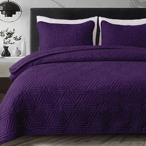 Queen Size Quilt for Seasons, 3-Ultrasonic Geometric Quilts, Lightweight Bedspread, Coverlet, Cover with 2 Pillow Shams, Purple