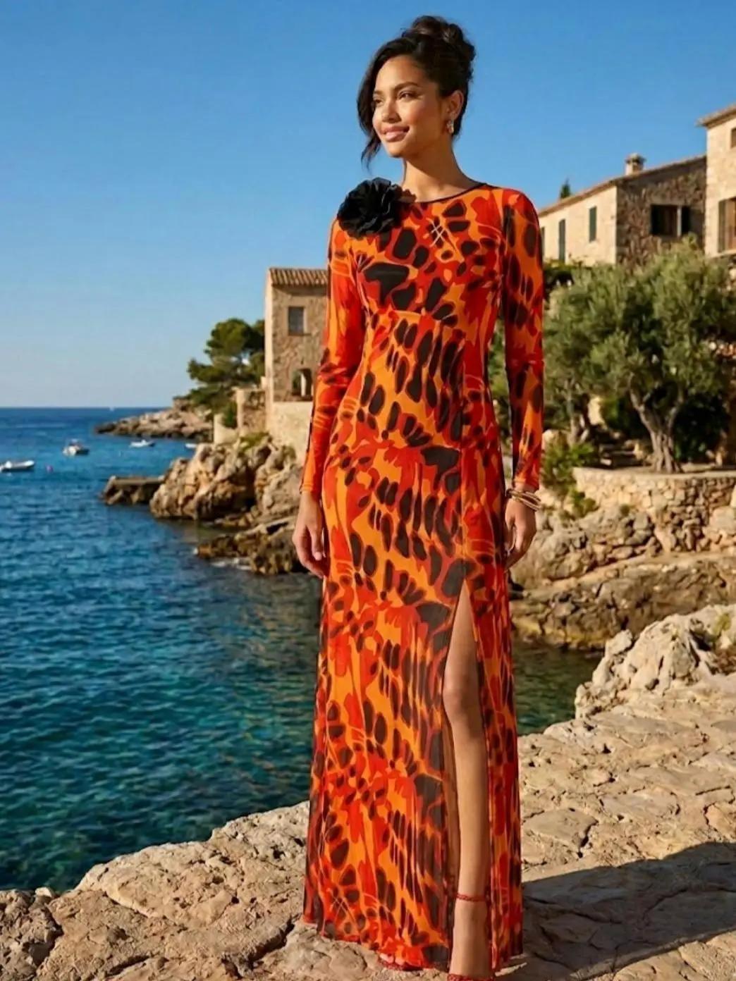 WENRY Women's Printed Long Sleeve Mesh Crew Neck Split Dress with Distinct Pattern for Special Events Formal Womenswear Maxi Party Party Evening Fit