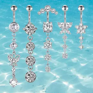 5 Pieces 14G Dangle Belly Button Rings - Surgical Steel Silver and Rose Gold CZ Piercing Jewelry for Women