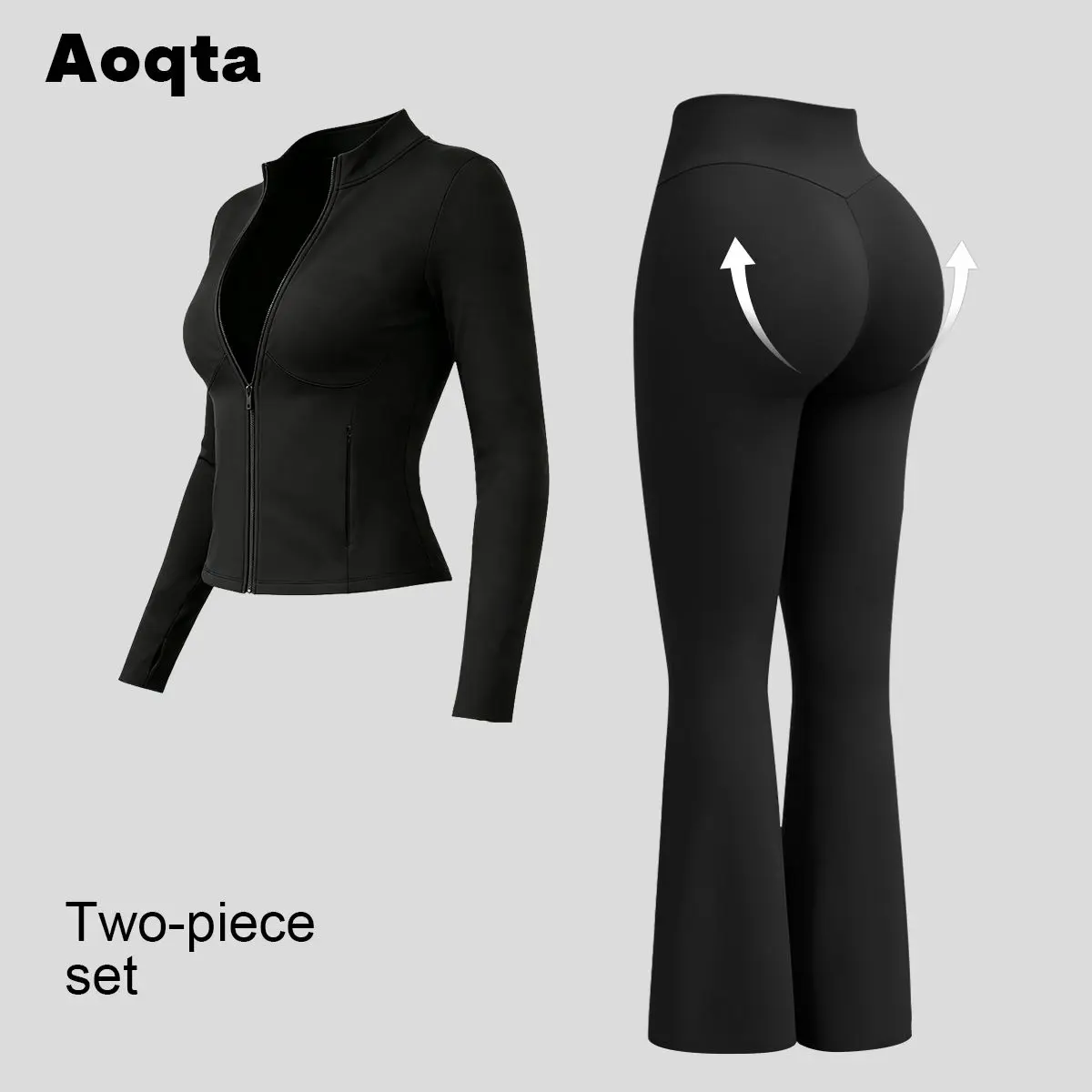 Aoqta Women's 2-Piece Activewear Set, Stand Collar Zip-Up Jacket & High Waist Flared Pants, Butt Lifting Yoga Workout Outfit, Machine Washable