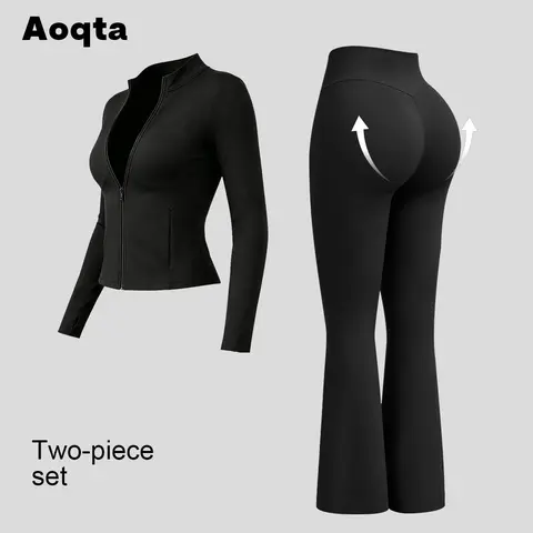 Aoqta Women's 2-Piece Breathable Knit Aesthetic Gym Apparel Set - Stand Collar Zip-Up Long Sleeve Jacket, High Waist Flared Butt Lifting Pants, Machine Washable Women's Workout Clothing, Two Piece Sets