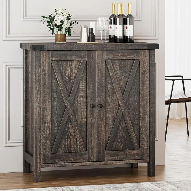 【Christmas Gift】Dark Brown Wood Sideboard Buffet Cabinet, Farmhouse Freestanding Storage with Doors & Shelves, Indoor Furniture for Living Room, Kitchen Coffee Bar
