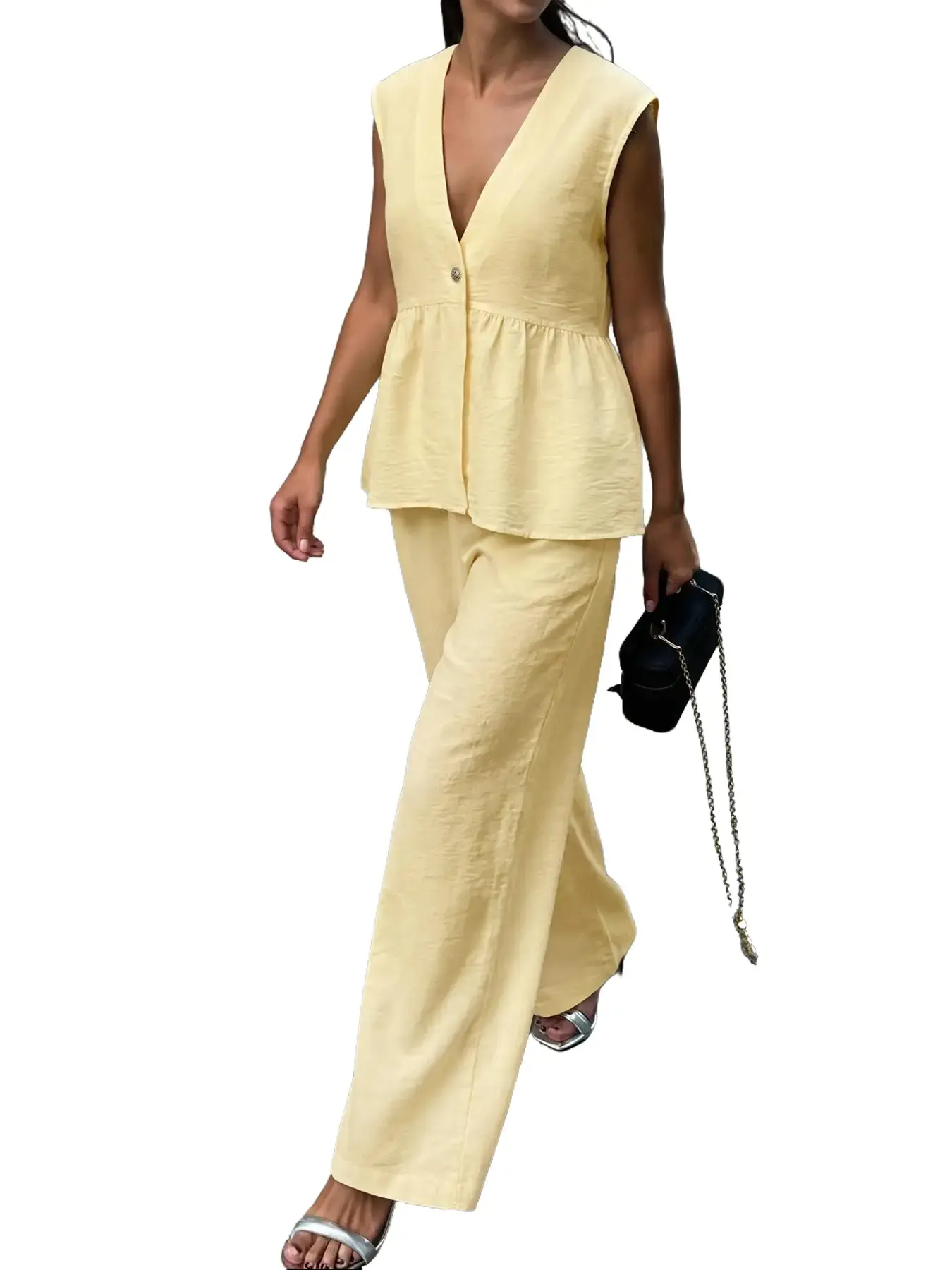 Women's Sparkly Glitter 2-Piece Sequin Clothing Set - Sleeveless Vest & Wide-Leg Trouser, Polyester Lightweight Fabric, Chic Style, Below-The-Ankle, Sequin Embellished, Easy-To-Maintain, Plain for Casual Everyday Wear Womenswear Pants