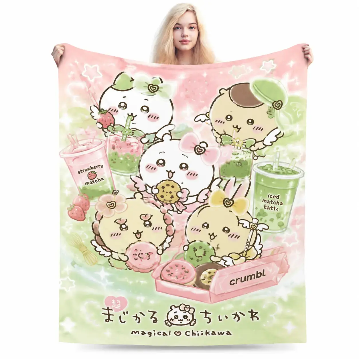 Chiikawa Usagi Strawberry Matcha & Crumbl Cookies Flannel Throw Blanket, kawaii anime foodie cozy throw for Chiikawa & matcha lovers, throw blankets, summerwins cooling