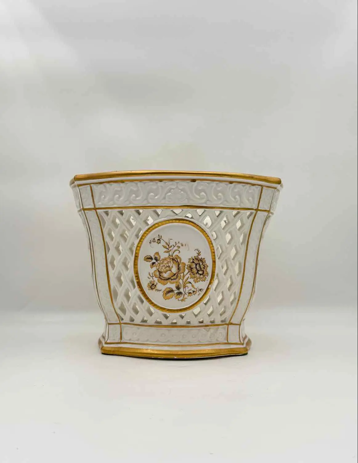 Vintage Italian White & Gold Pierced Porcelain Cachepot Planter