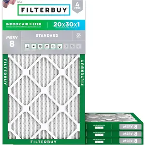 Filterbuy 20x30x1 Air Filter (4-Pack), Pleated MERV 8 Dust Defense HVAC AC Furnace Air Filters (Actual Size: 19.63 x 29.63 x 0.75 Inches)