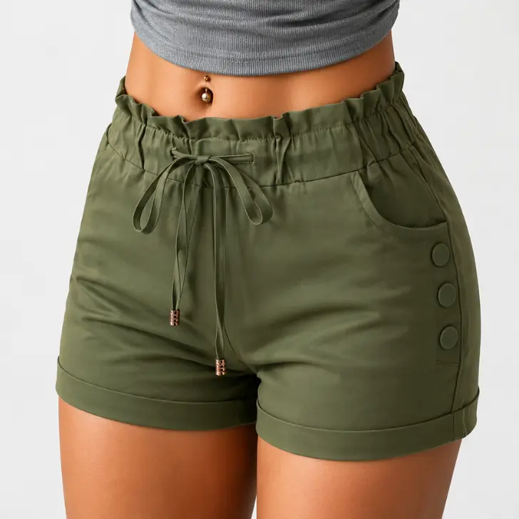 Women’s casual loose satin shorts featuring a minimalist design, high shirring at the waistband with ruffle detailing, and side button details. Soft, breathable, and highly stretchy—ideal for everyday wear and beach outings. Smooth texture and adjustable