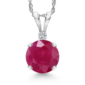 Gem Stone King 14K White Gold Red Ruby and Lab Grown Diamond Pendant Necklace for Women | 1.02 Cttw | Gemstone July Birthstone | Round 6MM | With 18 Inch Chain