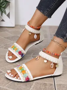 Boho Flat Sandals with Colorful Embroidered Laces, Natural Shell & Metal Buckle, Comfortable Summer Shoes, Multi-Layer Strap Design