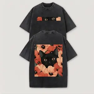 Men's Washed 100% Cotton Graphic Tee with Black Cat and Plant Print – Relaxed Oversized Streetwear T-Shirt, Trendy Summer Top for Casual Daily Outfits, Birthday Gift for Him