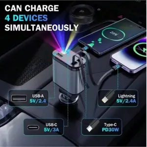 66w Four-In-One Retractable Car Charger, Super Fast Charging Plug, Multi-Function Cigarette Lighter Converter, Compatible with Various Smart Devices, Type C Charging