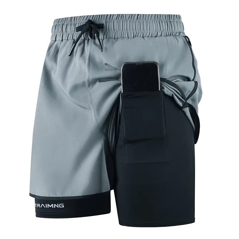 Men’s athletic shorts with built-in phone pocket, side towel loop, elastic waistband, quick-dry breathable fabric, anti-exposure design — suitable for running, gym workouts, night runs, outdoor jogging, and other sports — Men’s Apparel