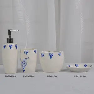 White And Blue Vines Bathroom Accessory Set with 4 Pieces Ceramic Soap Dispenser Toothbrush Holder Tumbler and Soap Dish