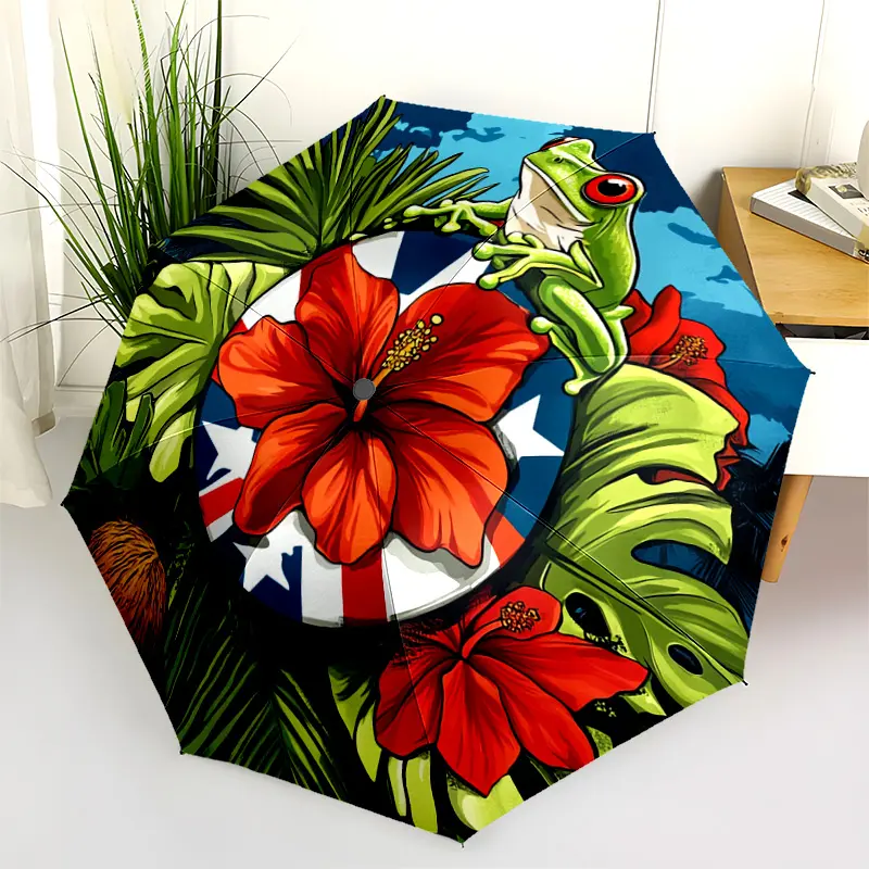 1 PC Automatic Folding Umbrella - Frog Hibiscus Flower Puerto Rico Flag Pattern, Portable & Foldable Design with 8 Ribs, Merry Christmas Pattern,Casual Outdoor Accessory Halloween and Christmas Birthday Gifts. G00115