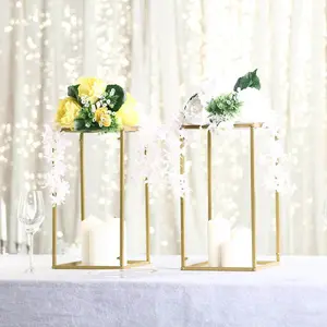 2-Pack Rectangular Gold Metal Wedding Flower Stand 16" Geometric Column Frame - Versatile Pedestal for Wedding Arrangements