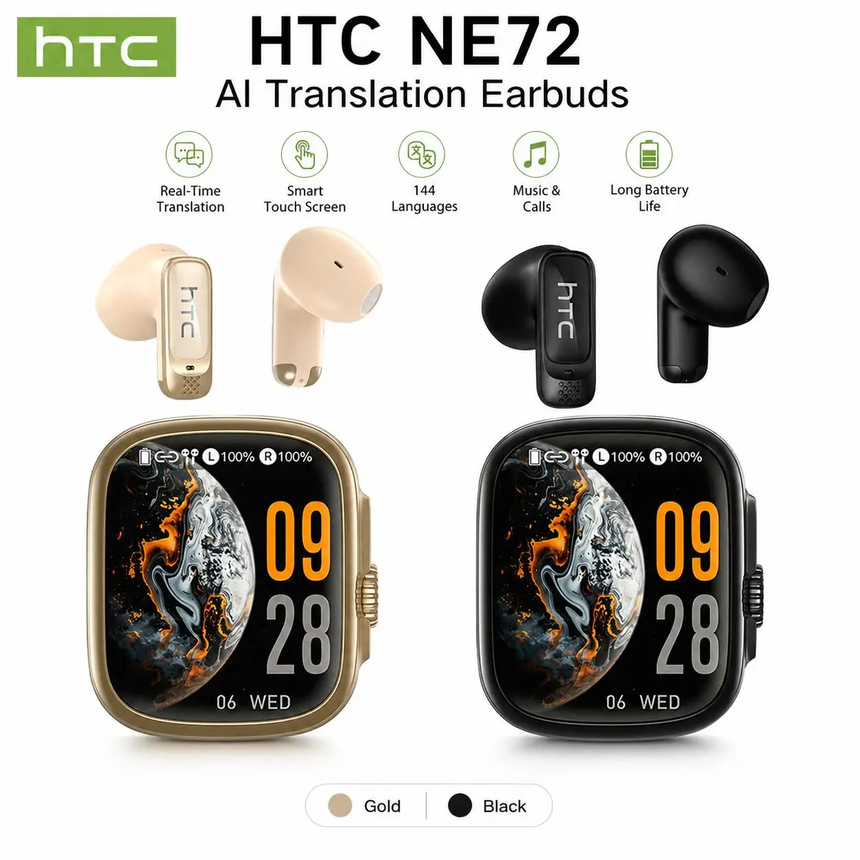 HTC NE72 In-Ear Wireless Earbuds with Smart Screen - Bluetooth 6.0, Charging Case Speaker Mode, Translation Function Switching, Smart Touchscreen, Noise Cancellation, TikTok Swipe Control, Waterproof for Gaming & Calls