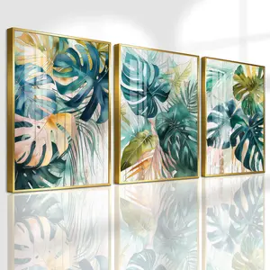 3 Count Aluminum Alloy Frame Canvas， Tropical Monstera Leaf Painting， Fashion Poster， Modern Living Room Decoration， Light Luxury Family Art， Suitable For Bedroom， Corridor And Office Wall Decor， Gift