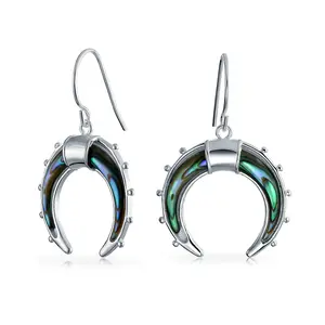 Celestial Rainbow Iridescent Abalone Shel Half Crescent Moon Dangle Earrings .925 Sterling Silver