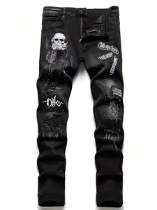 Men's Halloween Patchwork Jeans, Casual Street Style Medium Stretch Denim Pants