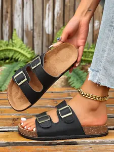 Vintage Boken Style Dual Buckle Sandals, Soft Sole Comfortable Non-Slip, Lazy One-Step on Flip Flops, Perfect for Casual Wear